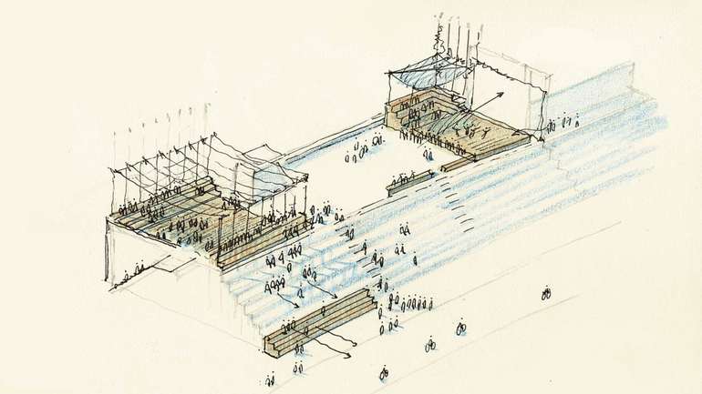 Schéma prévisionnel de ce que pourrait être l'espace une fois ré-aménagé : voiles d'ombrage, assises en bois, estrades
