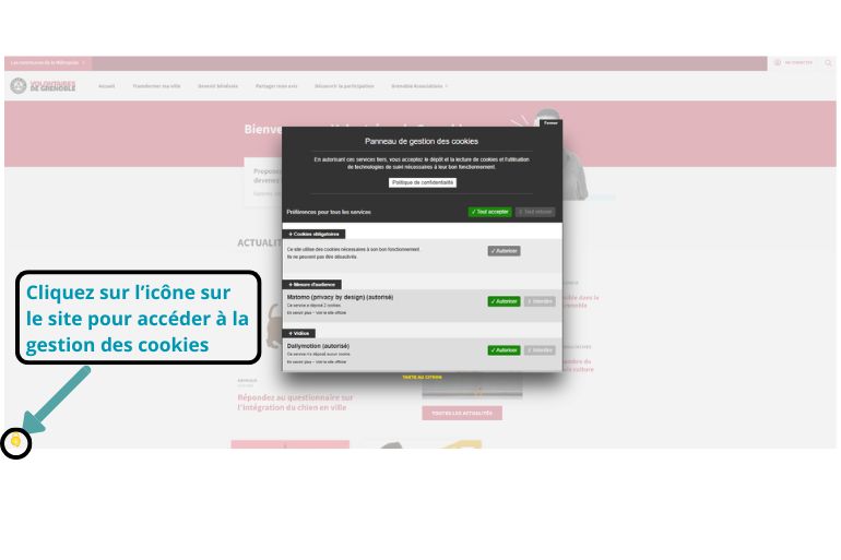 la gestion des cookies se fait avec l'extension tarteaucitron, le logo en bas de page permet de gérer ses préférences comme le menu Gestion des cookies 